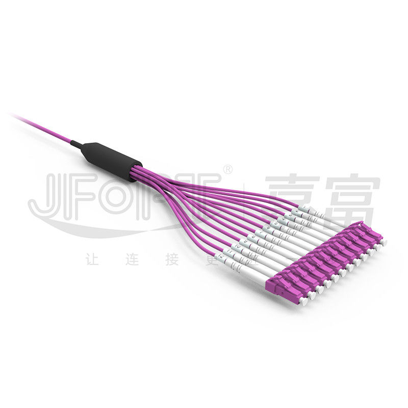 LC UPC 연결기 다중 모드 OM4 바이올렛 0.5m 가지와 작은 케이블 12 핵심 프리 말단 광섬유 케이블